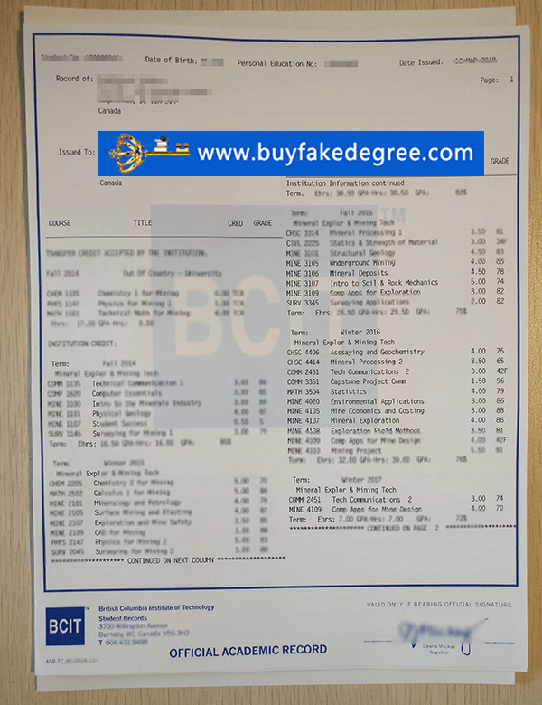 BCIT transcript