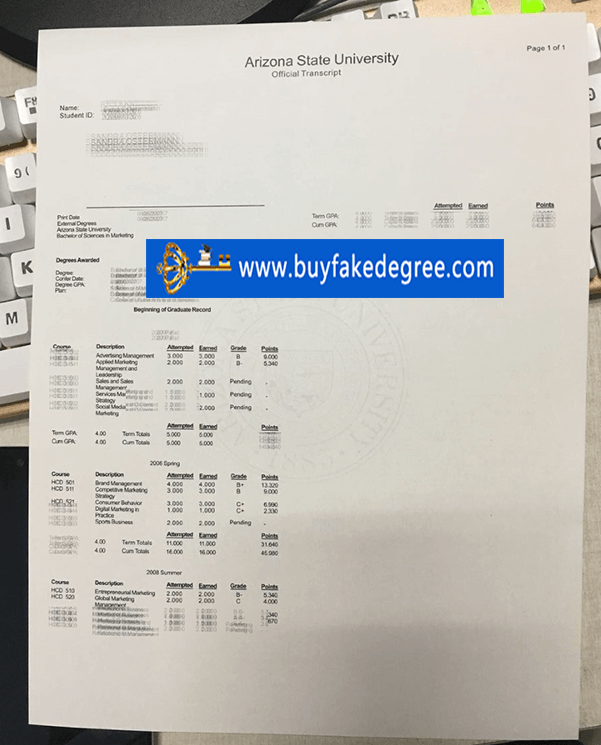 Arizona State University transcript, fake ASU transcript, buy fake ASU diploma transcript