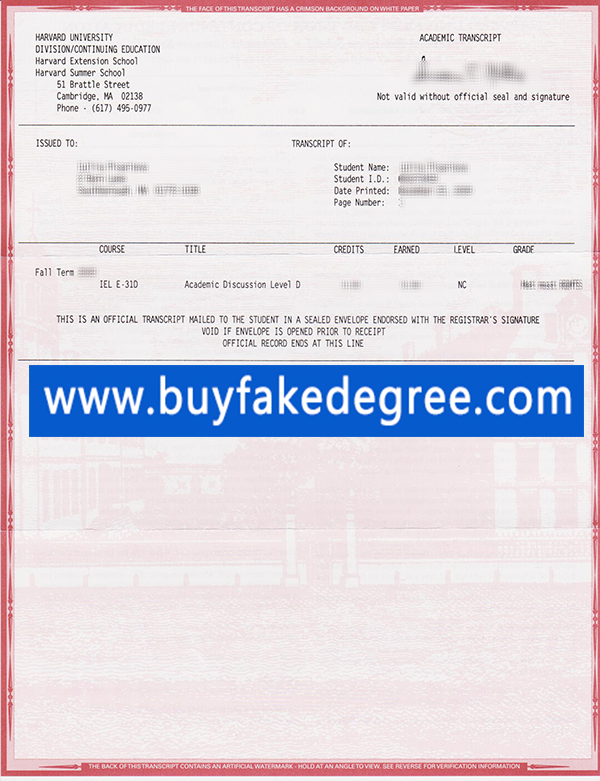 Harvard University Extension School transcript, buy fake Harvard University Extension School transcript