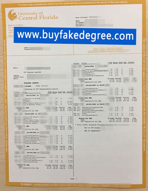 UCF transcript, University of Central Florida Transcript, buy fake transcript of University of Central Florida