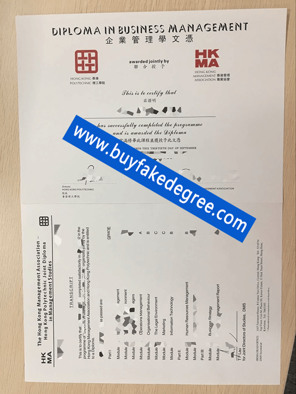 Diploma and transcript in Management studies of Hong Kong Polytechnic and HKMA