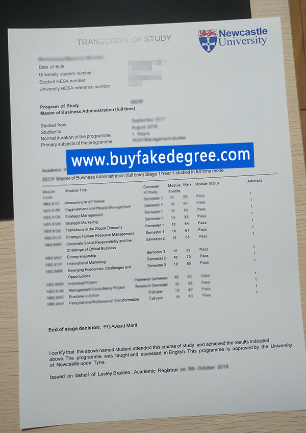 Newcastle University transcript
