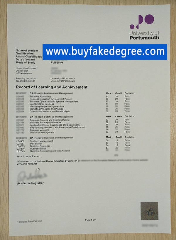 University of Portsmouth transcript, buy fake transcript