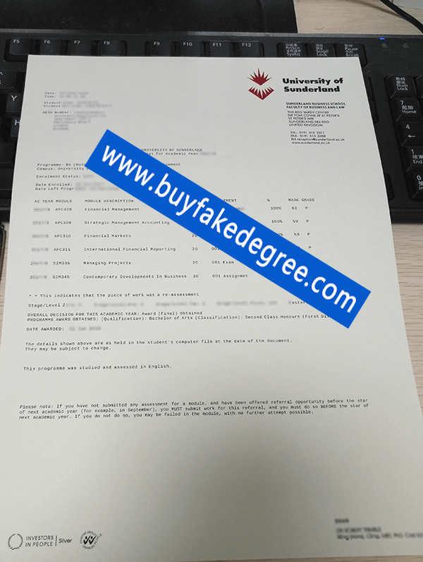 University of Sunderland transcript