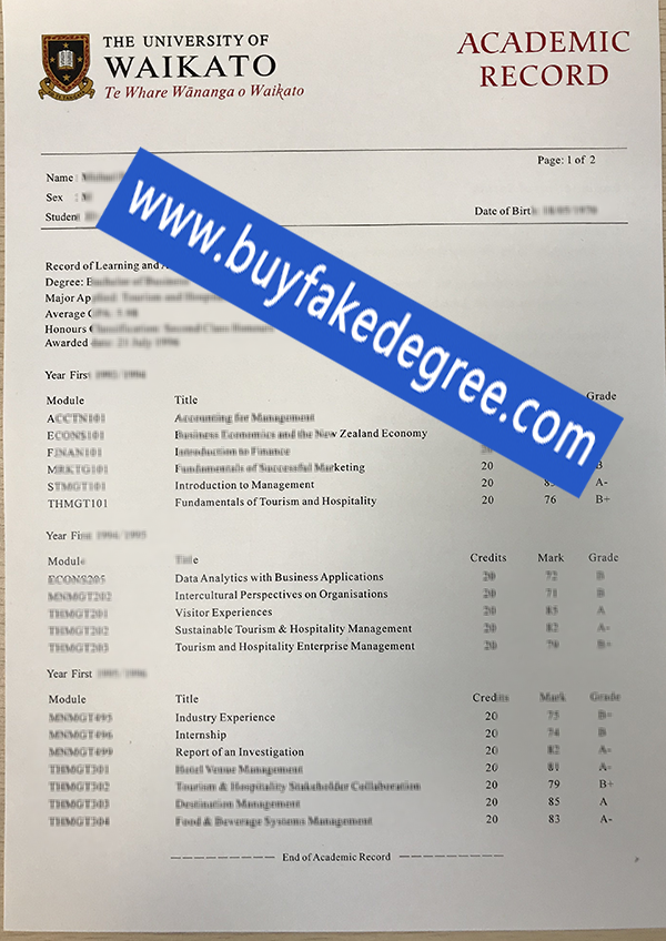 University of Waikato transcript sample