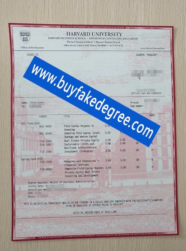 Harvard University transcript