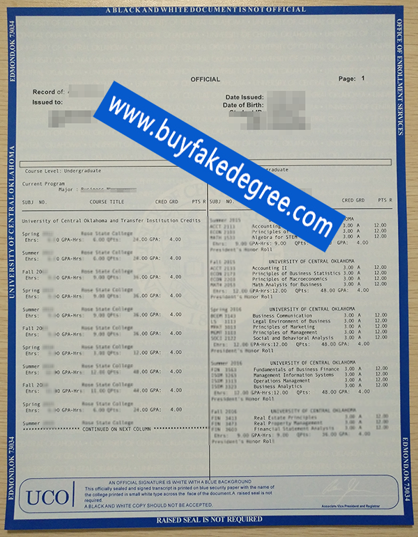 University of Central Oklahoma Transcript Sample from buyfakedegree.com
