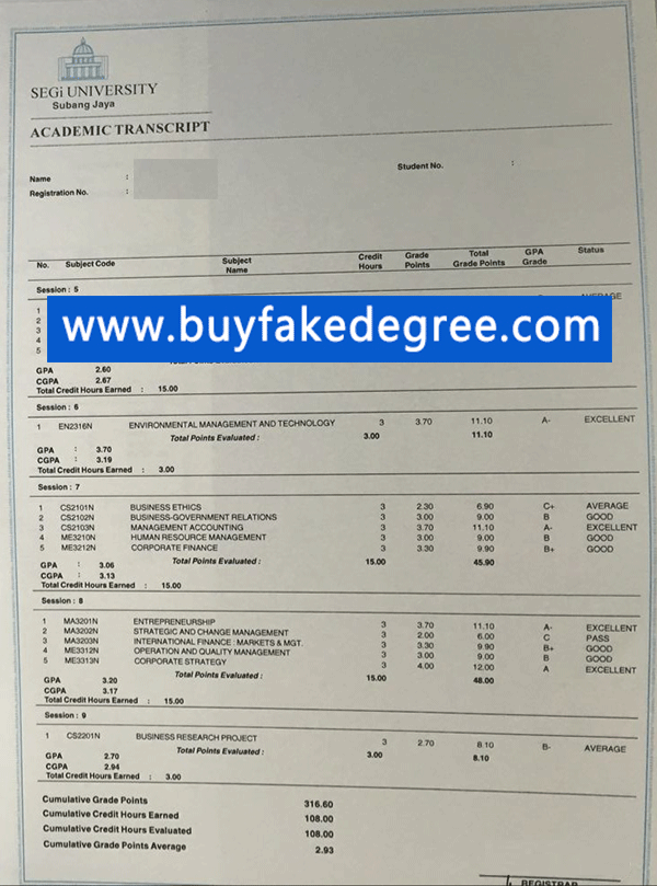 SEGi University aademic record, fake SEGi University transcript