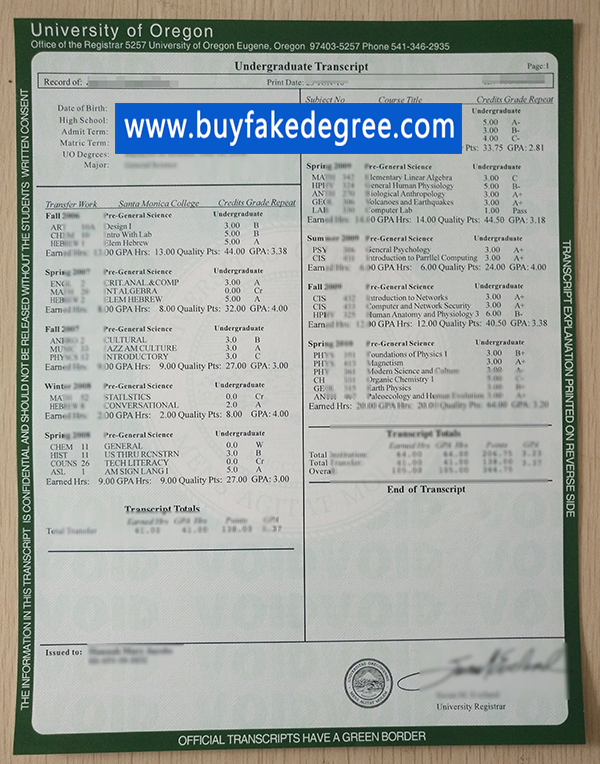University of Oregon transcript sample from buyfakedegree.com