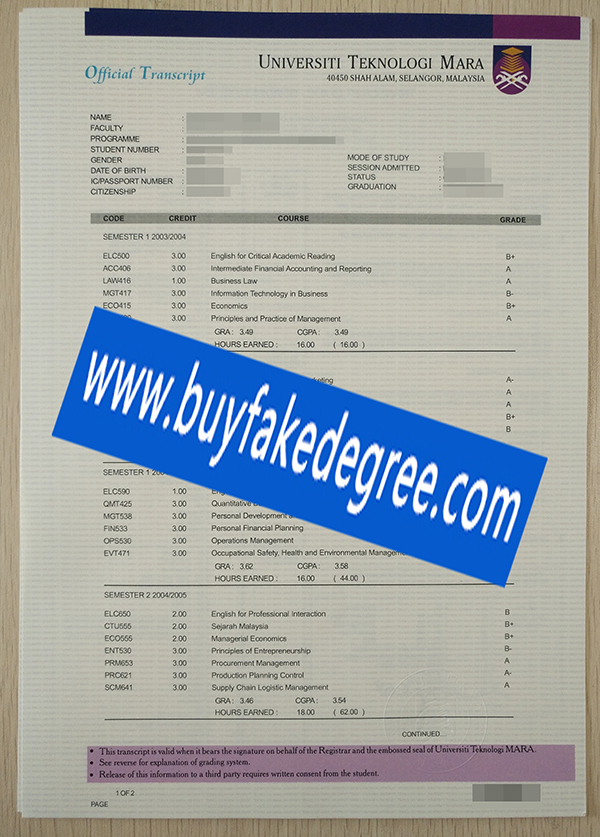 University Teknologi Mara transcript