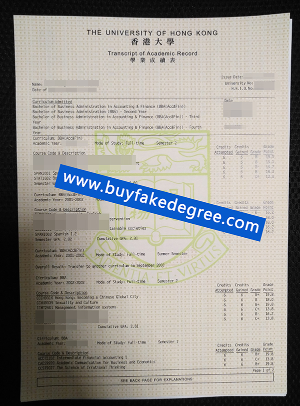 University of Hong Kong transcript
